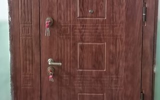 входная дверь в квартиру с верхней и боковой вставками, отделка МДФ, вид снаружи